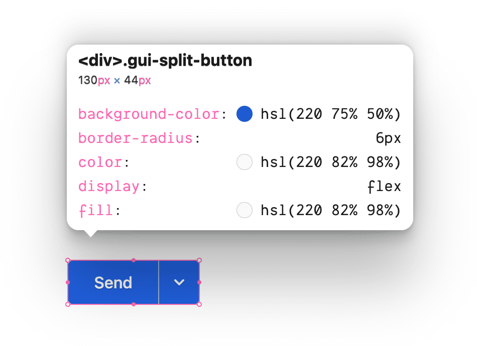 gui-split-button クラスを検査し、このクラスで使用される CSS プロパティを表示しています。