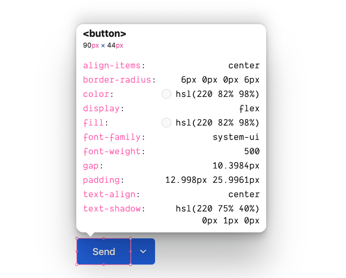 Der Inspector, der die CSS-Regeln für das Schaltflächenelement anzeigt.