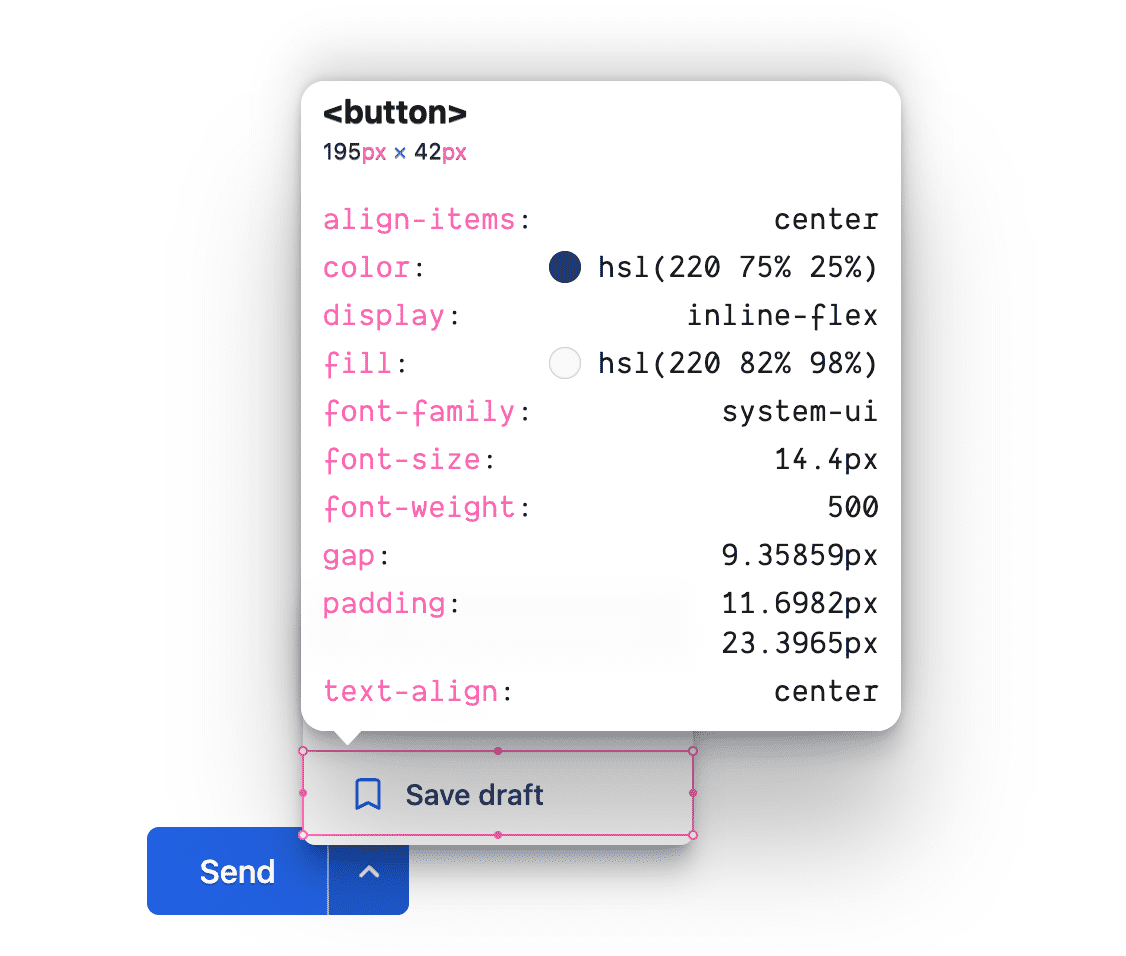 The inspector showing the CSS rules for the button element.