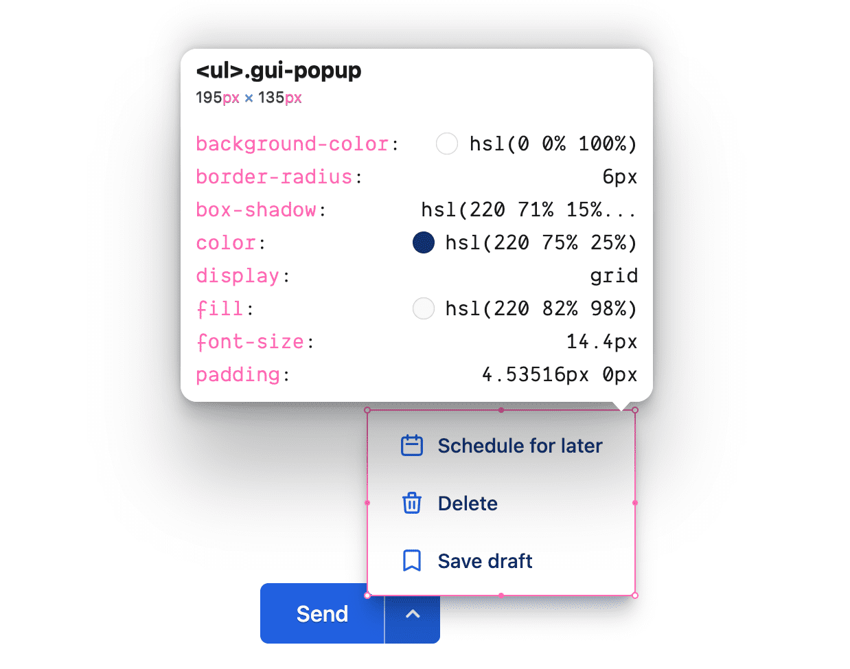 Pemeriksa menunjukkan aturan CSS untuk class gui-popup