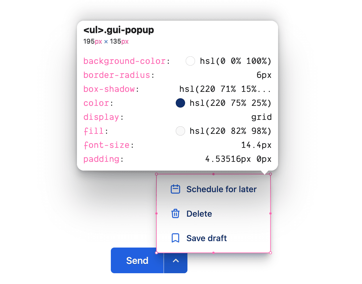 显示 gui-popup 类的 CSS 规则的检查器