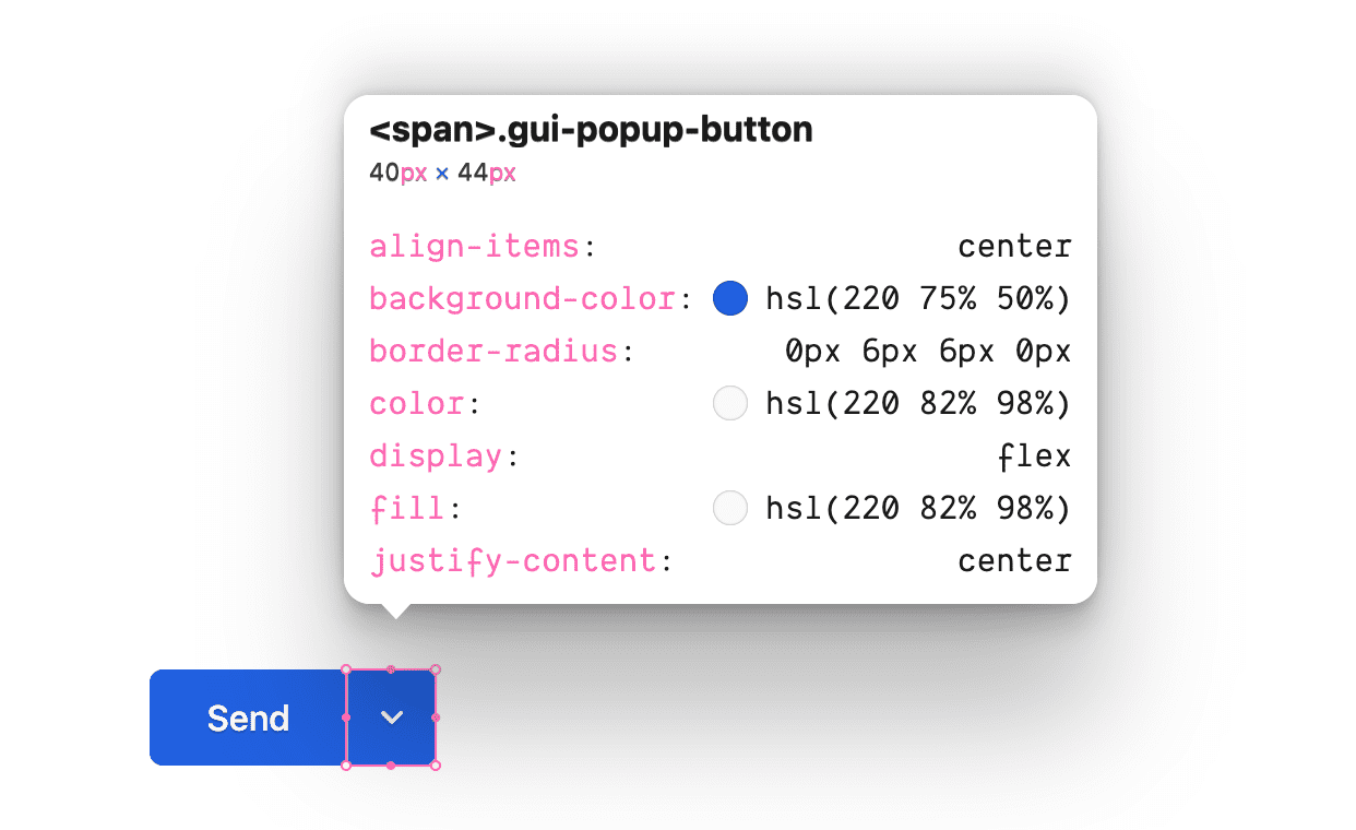 gui-popup-button クラスの CSS ルールが表示されているインスペクタ