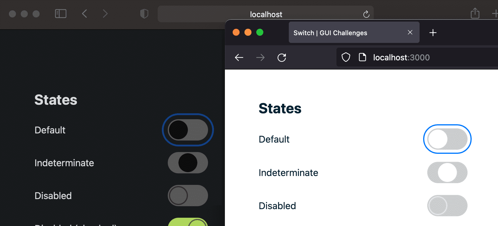 Capture d&#39;écran de l&#39;anneau de sélection sur un bouton dans Firefox et Safari.