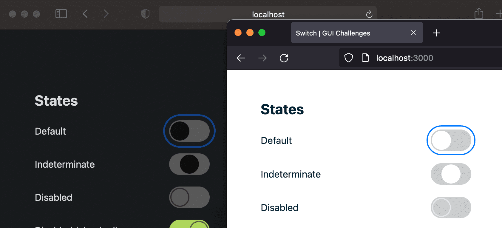 Captura de tela do anel de foco focado em um interruptor no Firefox e no Safari.