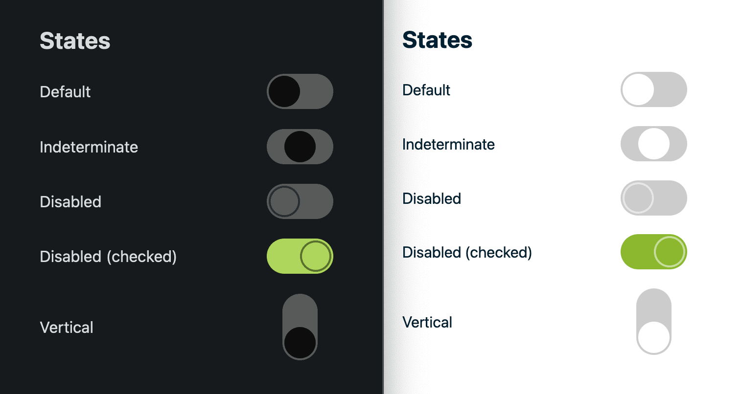 Comparaison côte à côte du thème clair et sombre pour le bouton et ses états.