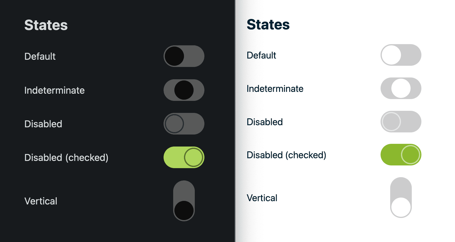Ein Vergleich des hellen und des dunklen Designs für den Schalter und seine Status.
