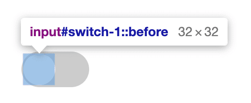 Se muestran DevTools destacando el pseudoelemento de miniatura circular.