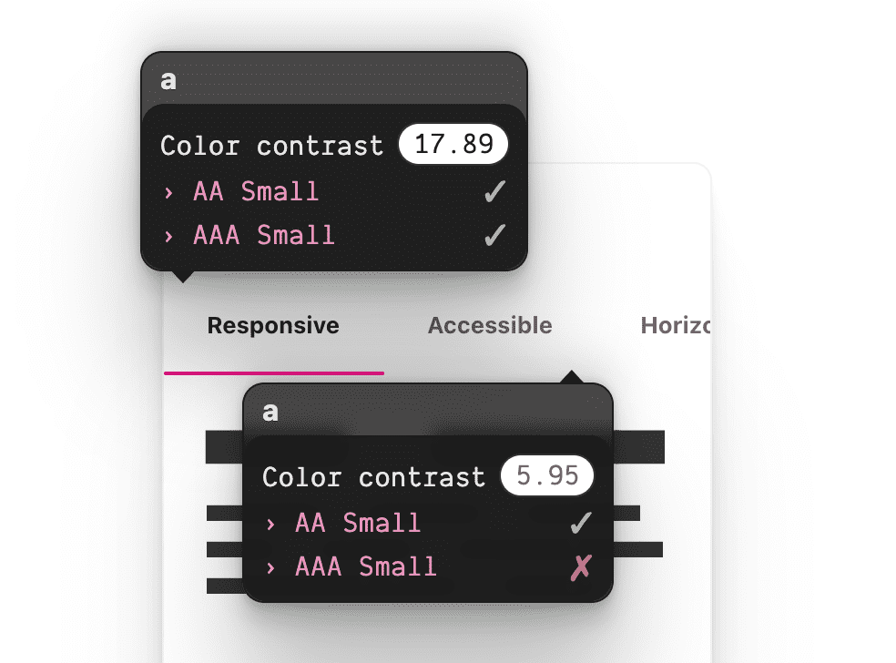 active tab and inactive tab are shown with VisBug overlays which show passing contrast scores for both