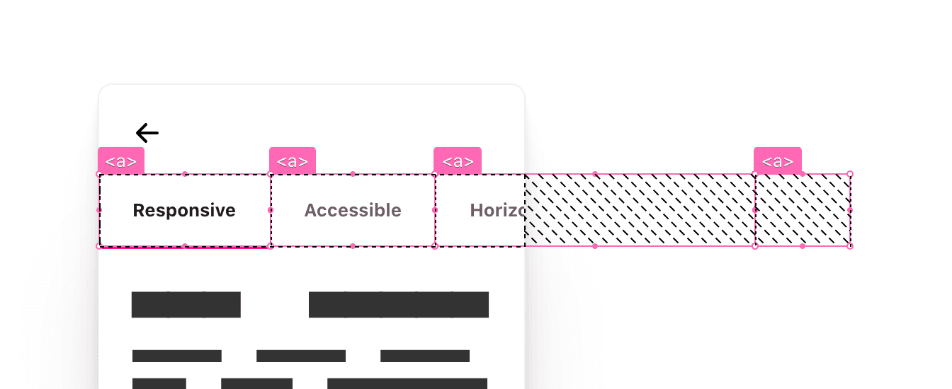 the a elements of the nav have hotpink overlays on them, outlining the space they take up in the component as well as where they overflow