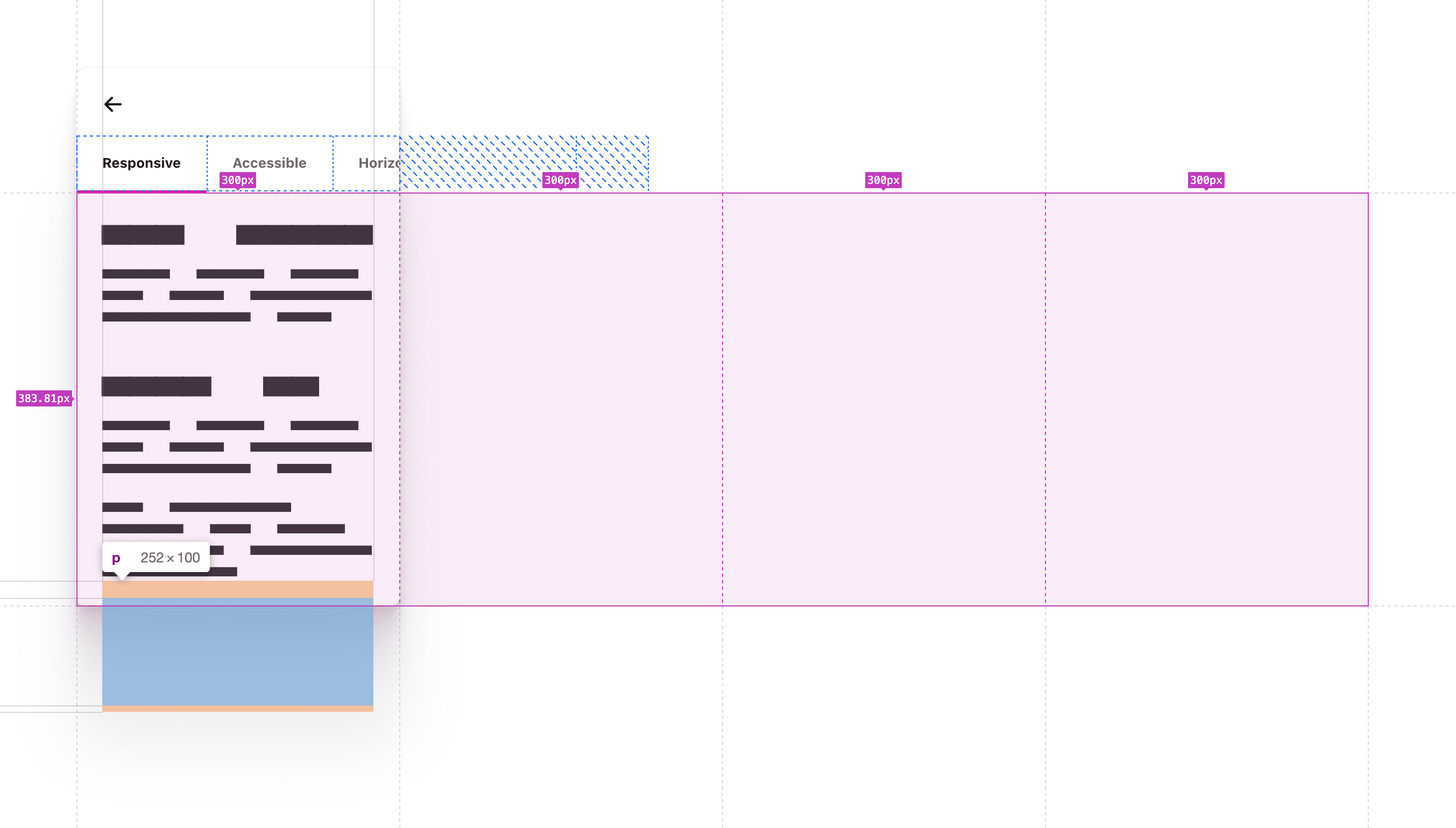 Die Scrollbereiche haben Raster- und Flexbox-Tool-Overlays, die den in der Komponente belegten Bereich und die Richtung des Überlaufs umreißen