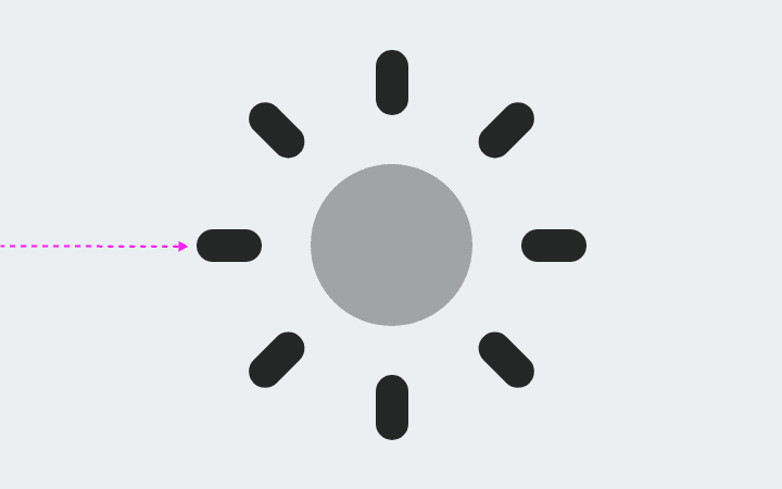 Icône du soleil affichée avec son centre s&#39;estompé et une flèche rose vif pointant vers les rayons du soleil.