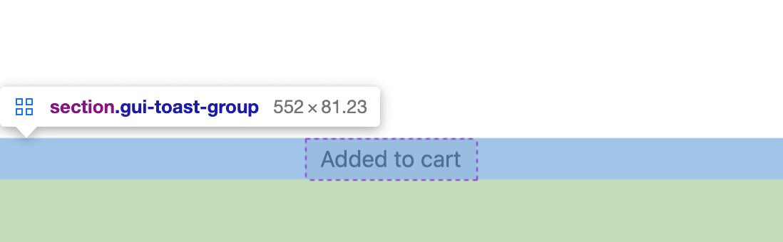 Captura de pantalla con el tamaño de la caja y el relleno de Herramientas para desarrolladores superpuestos en un elemento .gui-toast-container.