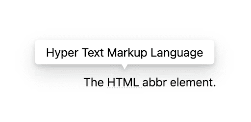 HTML 약어에 밑줄이 그어져 있고 그 위에 &#39;Hyper Text Markup Language&#39;라는 팁이 있는 단락의 스크린샷