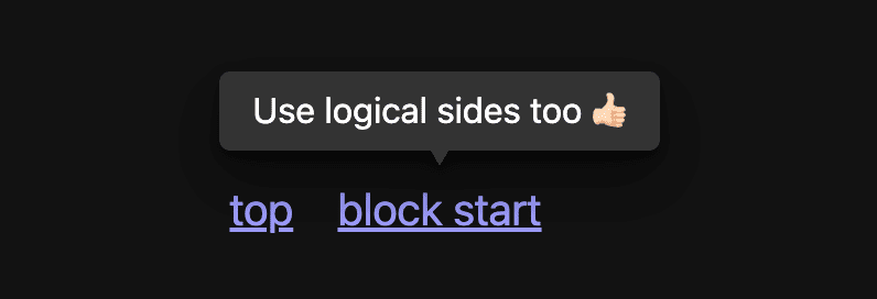Zrzut ekranu etykietki w trybie ciemnym nad linkiem „block-start”.