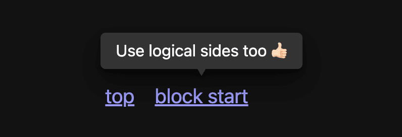 Ảnh chụp màn hình của phần chú thích ở chế độ tối, nổi trên đường liên kết &quot;block-start&quot;.