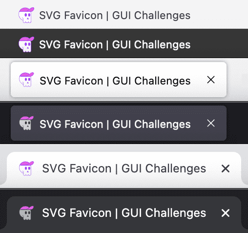 Onglets clairs et sombres dans chaque navigateur offrant une vue d&#39;ensemble de l&#39;icône adaptative de haut en bas : Safari, Firefox et Chrome.