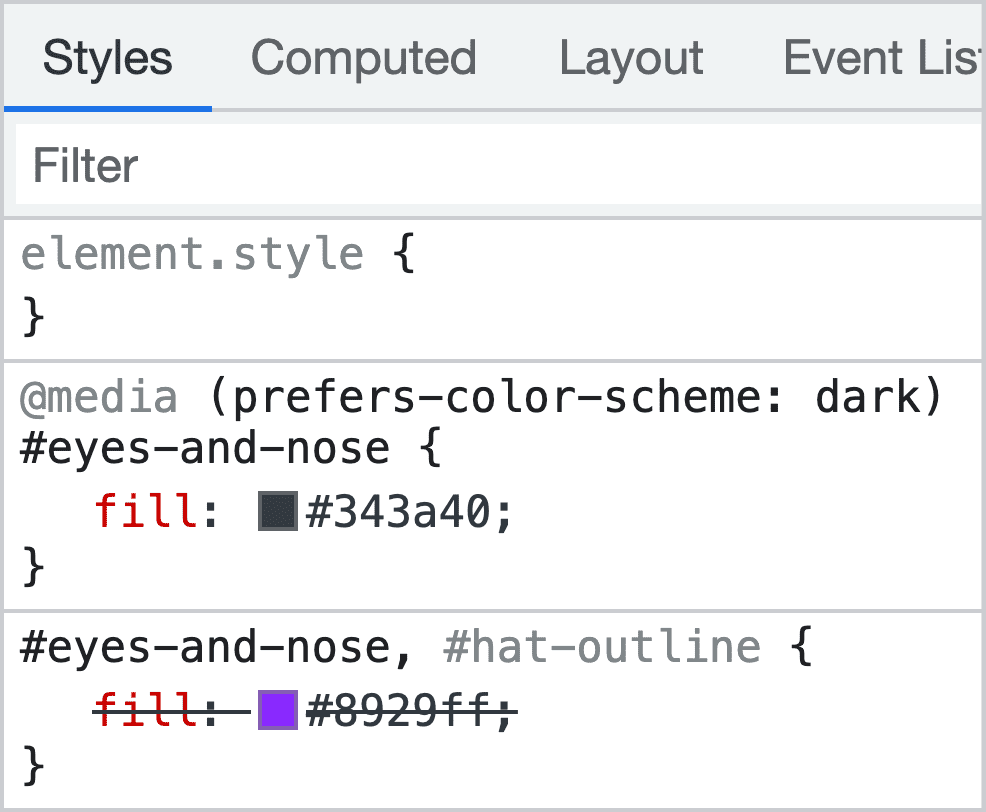 Screenshot DevTools yang menunjukkan kueri media tema gelap yang menimpa
warna isian mata dan hidung SVG.