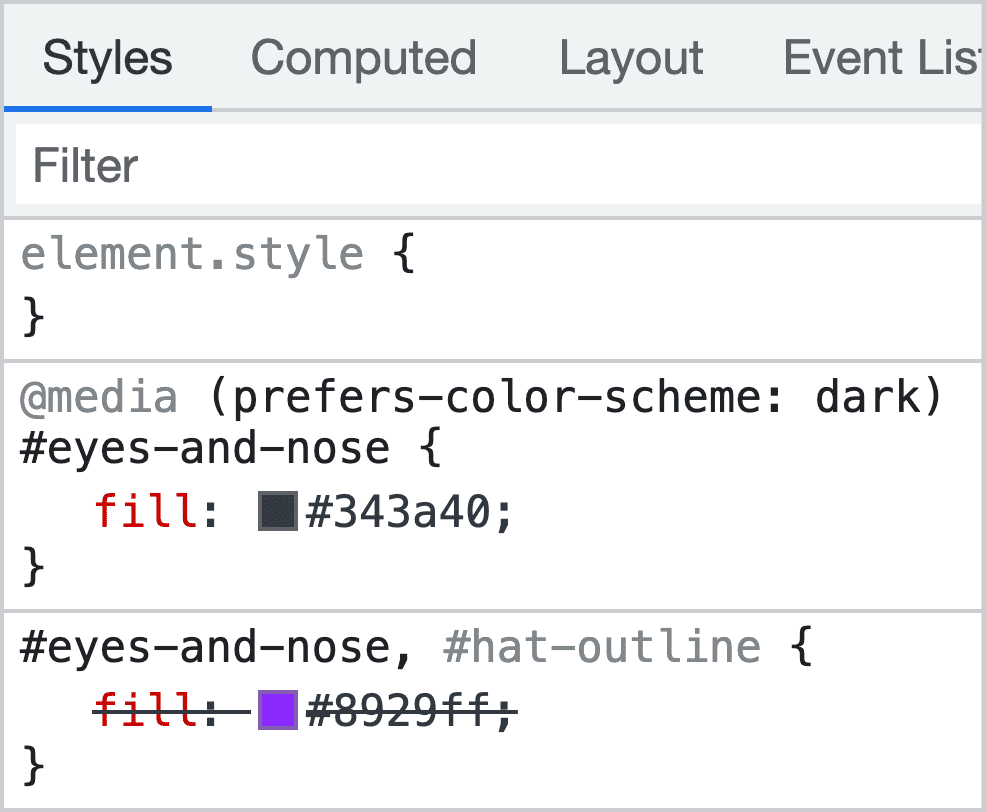 تصویر صفحه‌نمایش DevTools که درخواست رسانه تم تیره را نشان می‌دهد که رنگ پر شده چشم‌ها و بینی SVG را بازنویسی می‌کند.