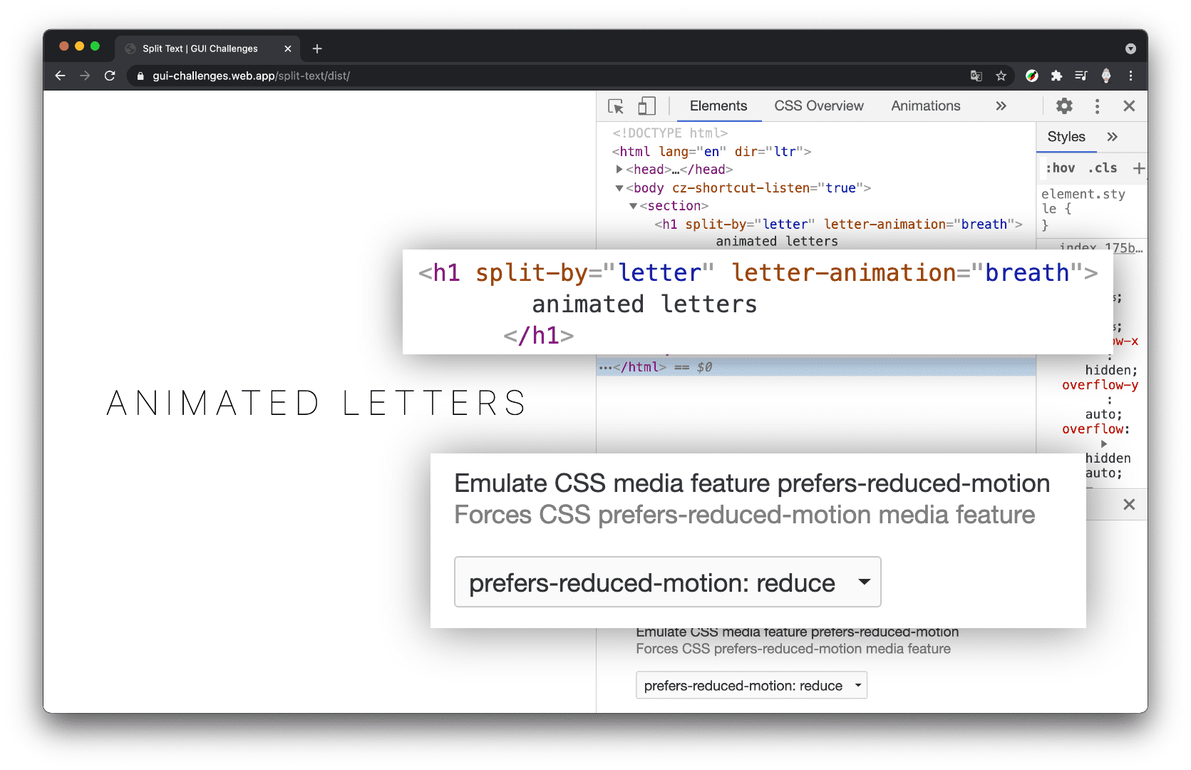 captura de tela do Chrome DevTools com o painel Elements aberto e o movimento reduzido definido como &quot;reduzir&quot; e o H1 é mostrado sem divisão.