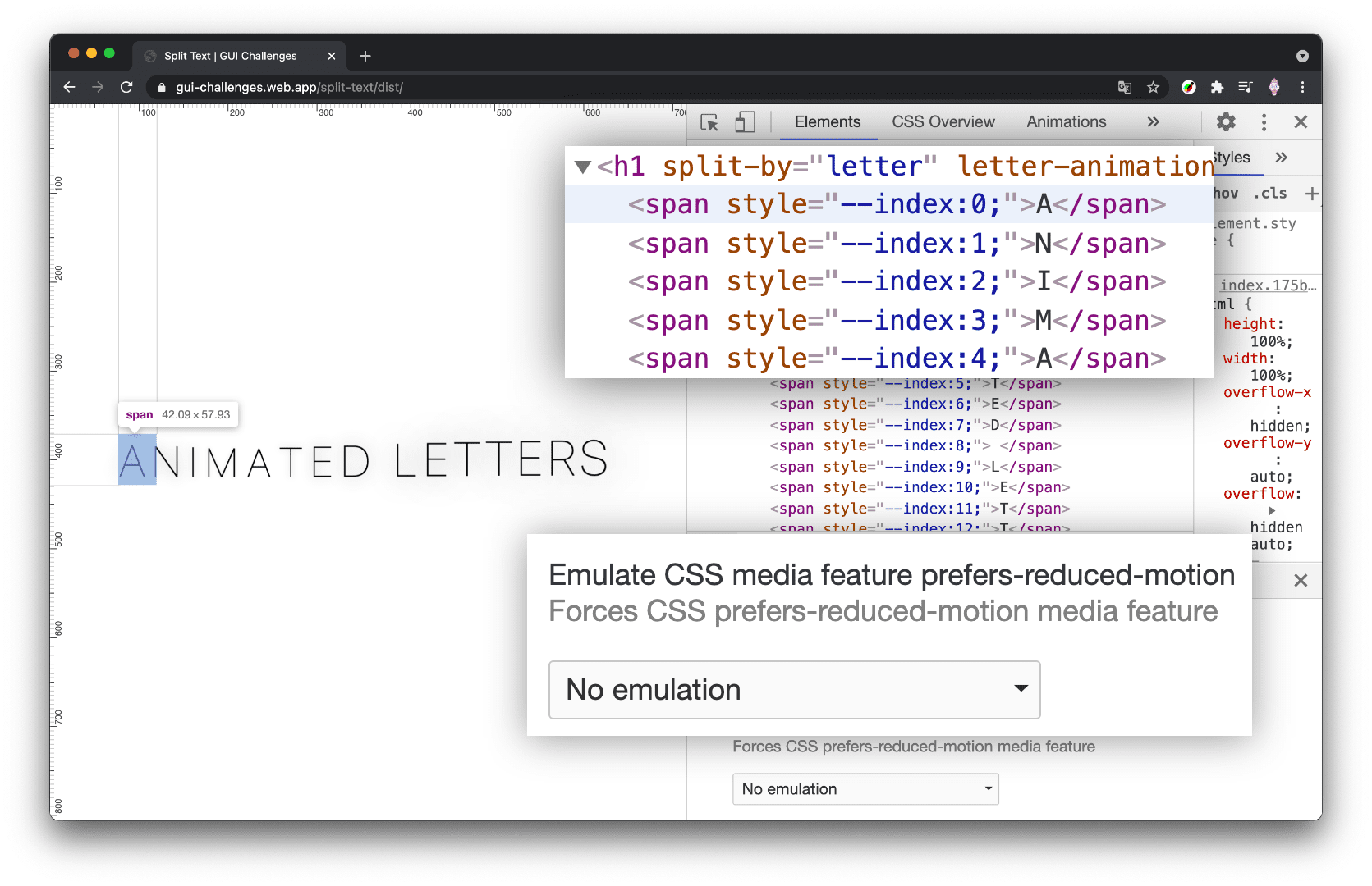 Capture d&#39;écran des outils de développement Chrome avec le panneau &quot;Éléments&quot; ouvert, la réduction du mouvement définie sur &quot;Réduire&quot; et l&#39;élément h1 affiché sans fractionnement