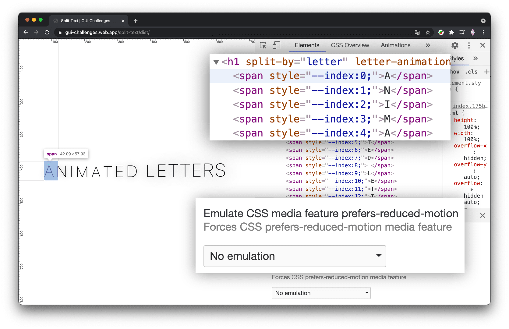 Chrome 開發人員工具的螢幕截圖，開啟「Elements」面板，並將動態效果設為「reduce」，而且 h1 顯示為未分割