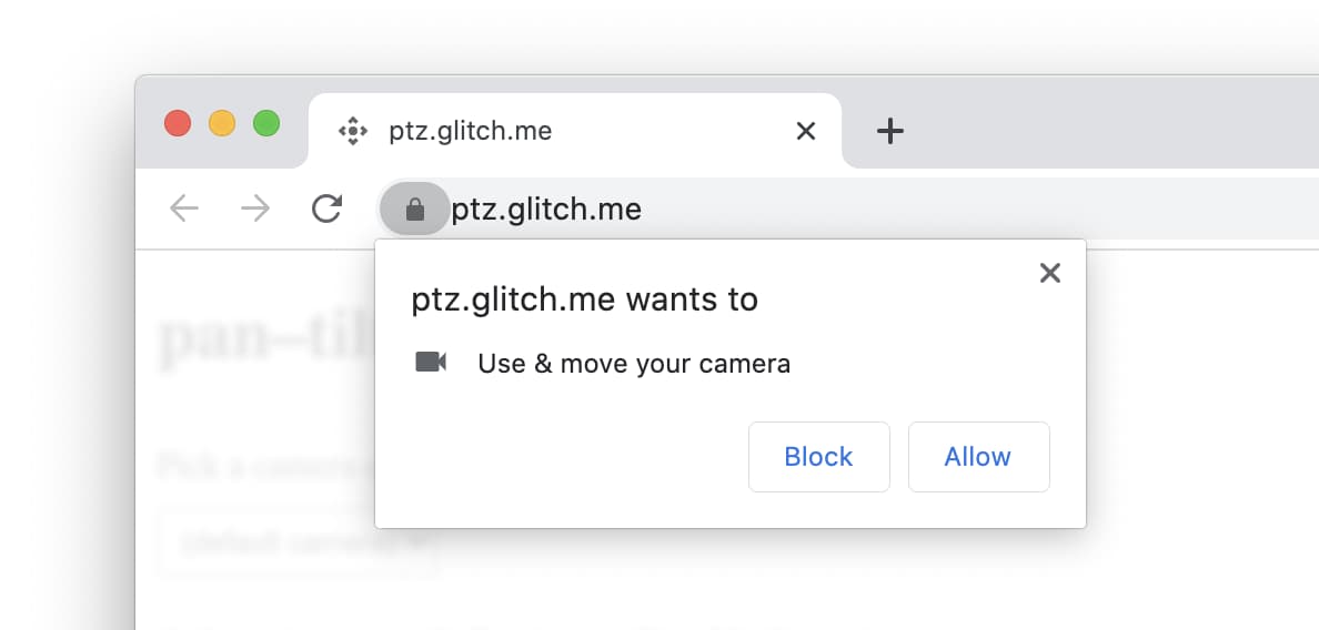 macOS 版 Chrome 中的攝影機 PTZ 使用者提示螢幕截圖。