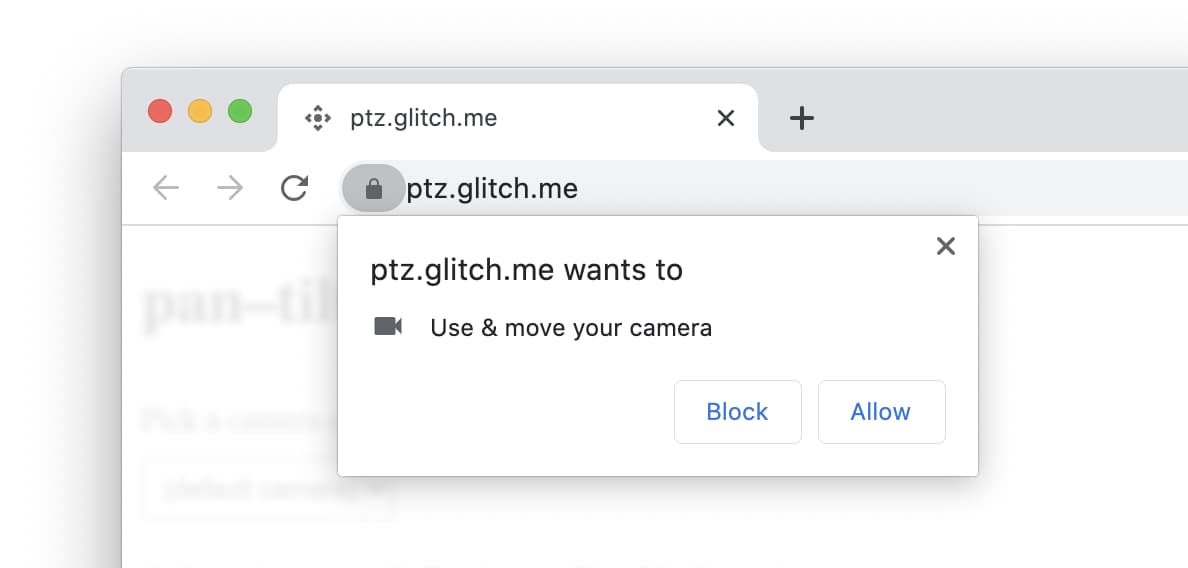 macOS 版 Chrome のカメラ PTZ ユーザー プロンプトのスクリーンショット。