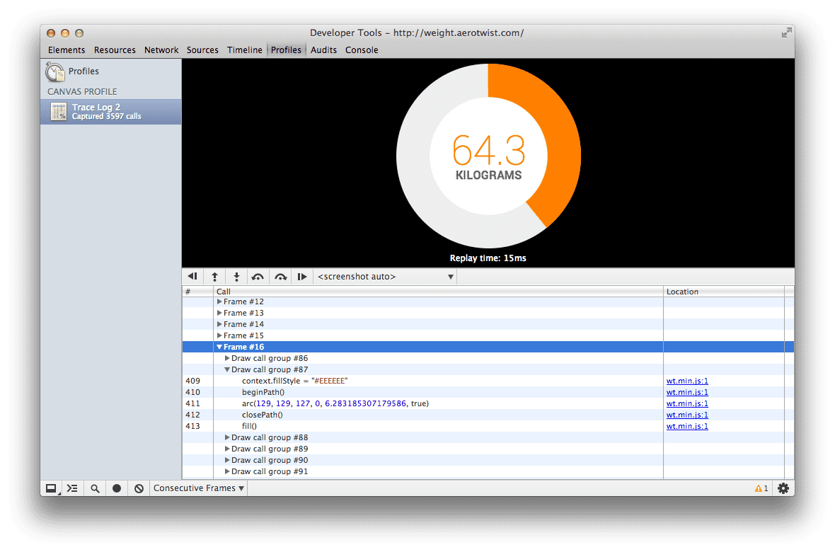 DevTools-এ একটি ক্যানভাস প্রোফাইল।