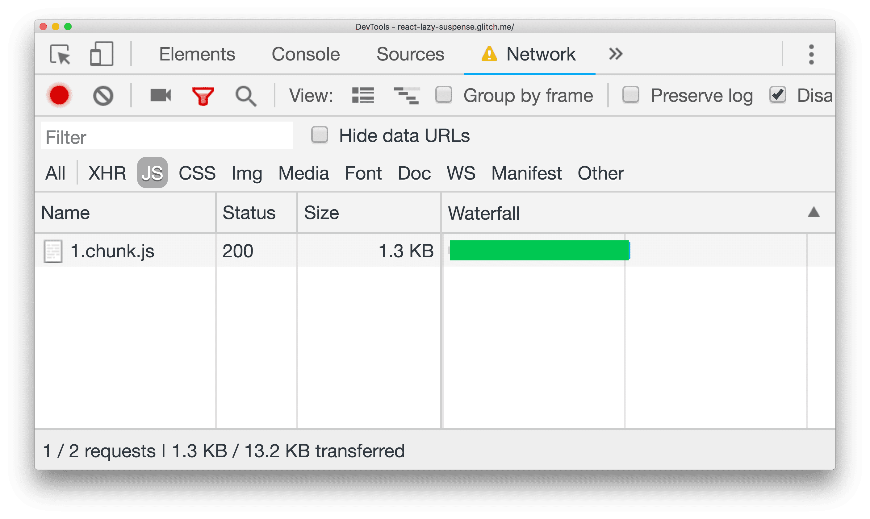 Riquadro di rete DevTools che mostra il download di un file chunk.js