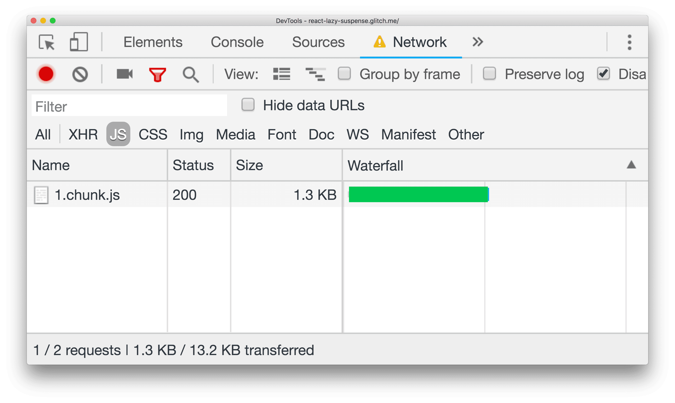 Il riquadro Rete di DevTools che mostra il download di un file chunk.js