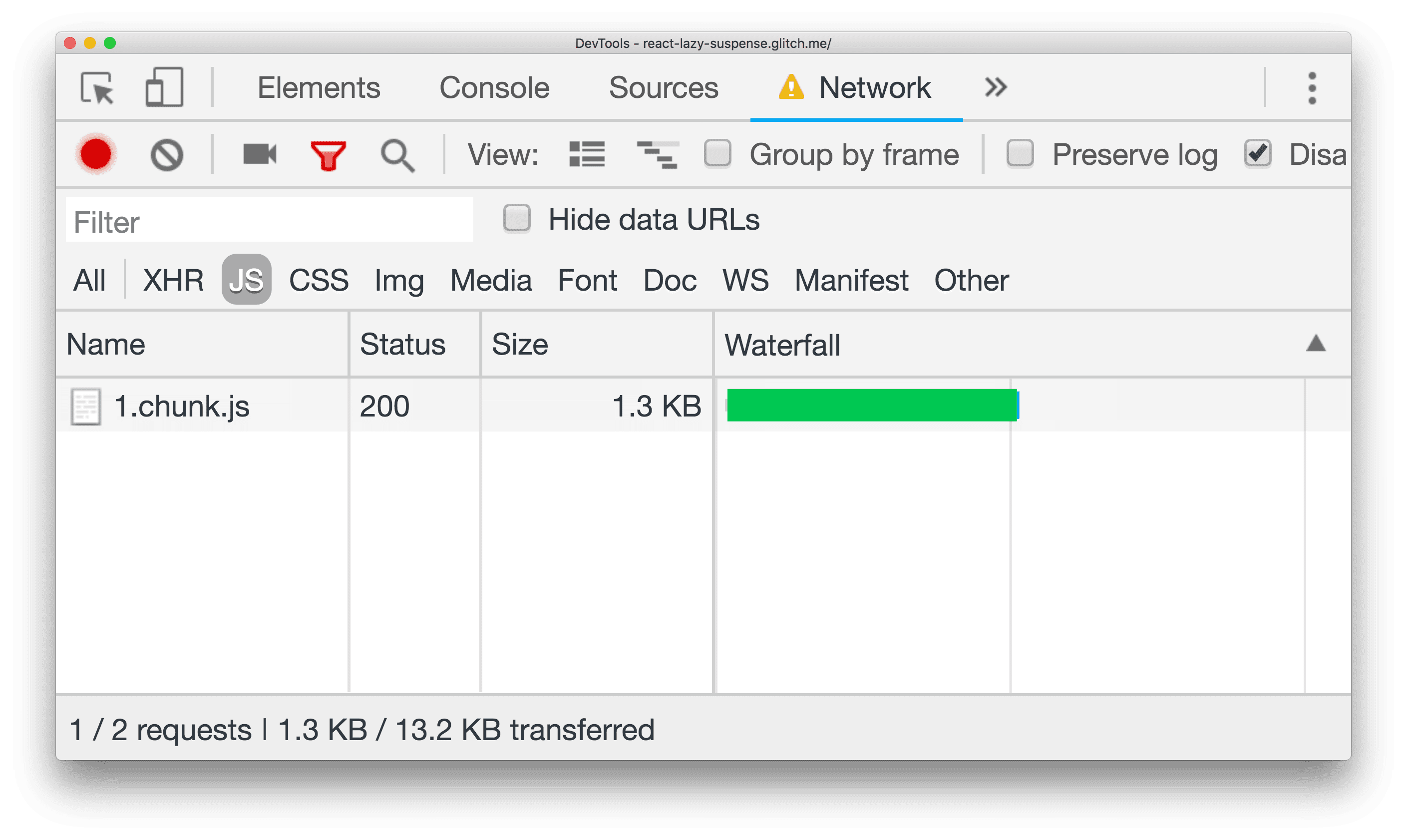1 つの chunk.js ファイルがダウンロード中であることを示す DevTools のネットワーク パネル