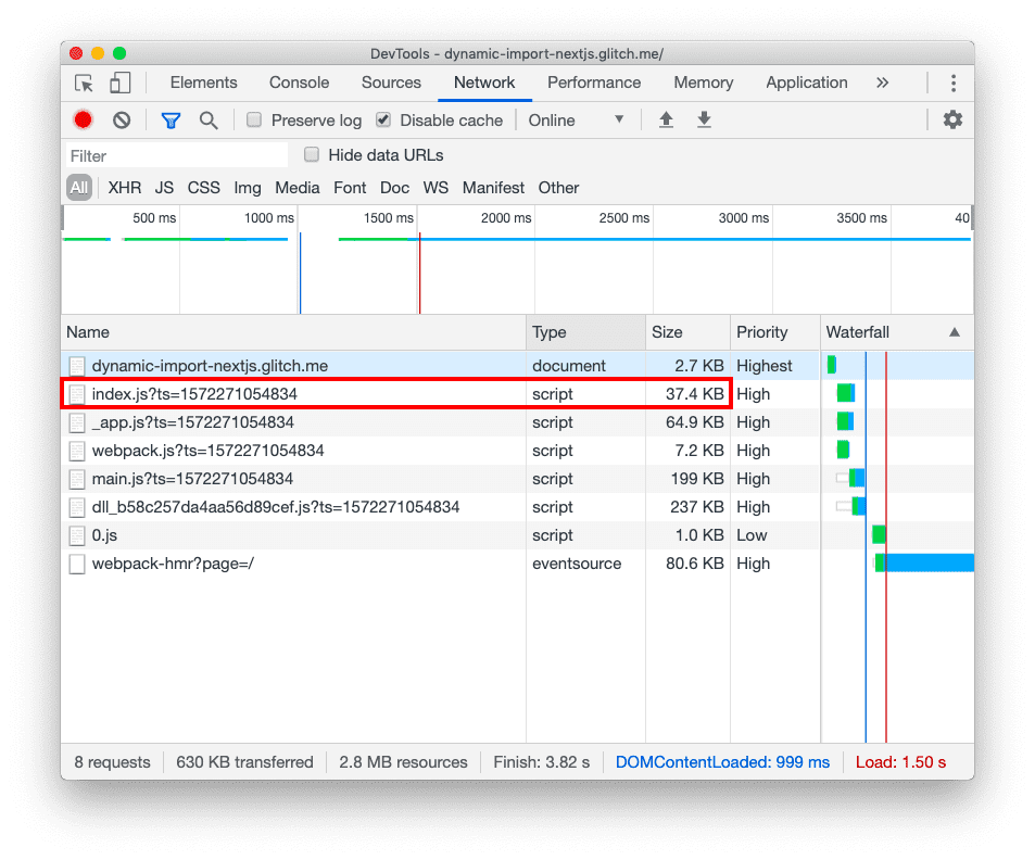 开发者工具“网络”标签页显示了相同的六个 JavaScript 文件，但 index.js 现在小了 0.5 KB。