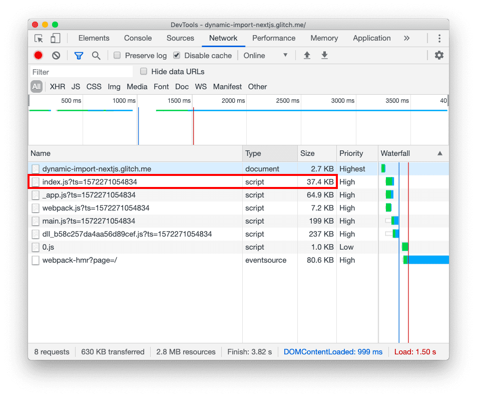 Sieć narzędzi deweloperskich z tymi samymi 6 plikami JavaScript, z tym że plik index.js jest o 0,5 KB mniejszy.