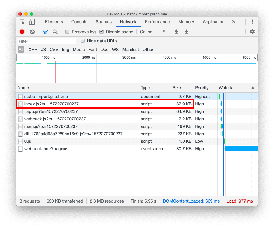 6개의 JavaScript 파일(index.js, app.js, webpack.js, main.js, 0.js, dll(동적 링크 라이브러리) 파일)을 보여주는 DevTools 네트워크 탭