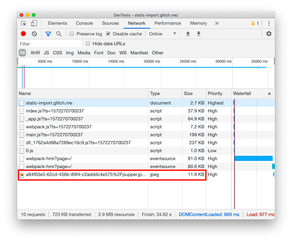 Der Tab „Netzwerk“ in den DevTools nach dem Klicken auf die Schaltfläche, mit denselben sechs JavaScript-Dateien und einem Bild