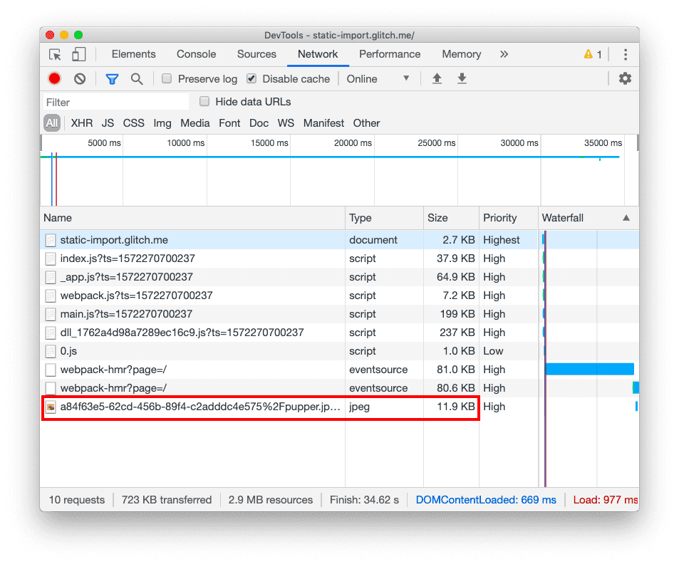 แท็บเครือข่ายของเครื่องมือสำหรับนักพัฒนาเว็บหลังจากคลิกปุ่ม ซึ่งแสดงไฟล์ JavaScript 6 ไฟล์และรูปภาพ 1 รูปภาพเดียวกัน