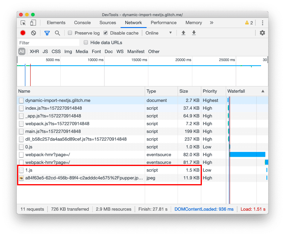 बटन पर क्लिक करने के बाद, DevTools नेटवर्क टैब में, 1.js फ़ाइल दिखती है. साथ ही, फ़ाइल की सूची के नीचे जोड़ी गई इमेज भी दिखती है.