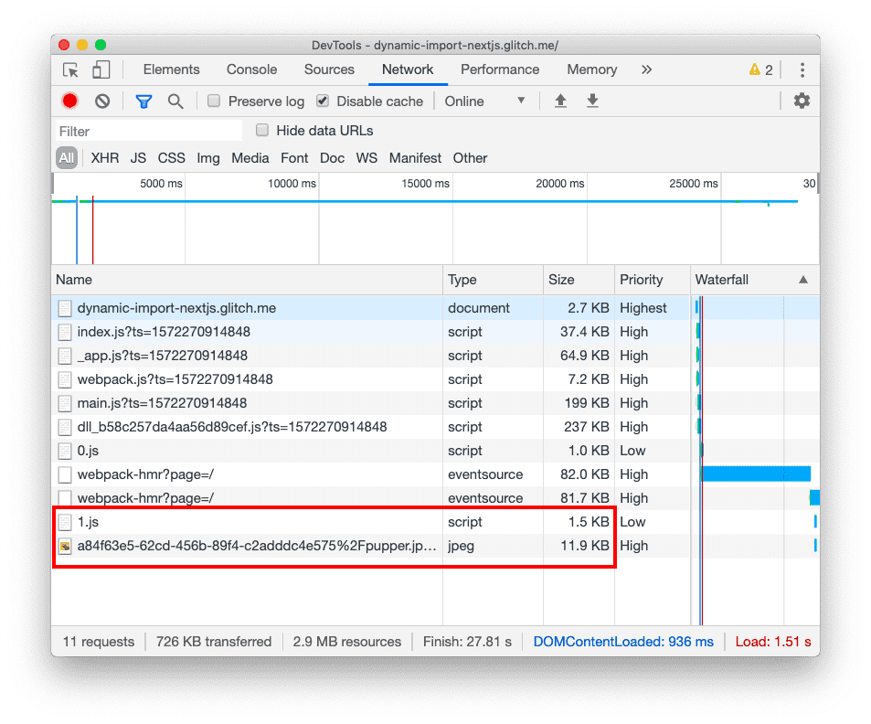 Scheda Rete di DevTools dopo il clic sul pulsante, che mostra il file 1.js aggiuntivo e l'immagine aggiunta in fondo all'elenco dei file.