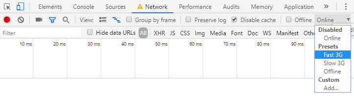 Tab Jaringan DevTools dengan opsi throttling 3G Cepat disorot