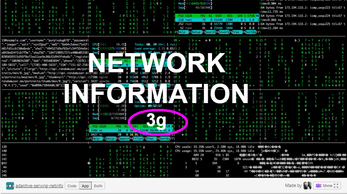 پس‌زمینه ویدیویی ماتریس‌مانند با پوشش متنی «اطلاعات شبکه 3g».