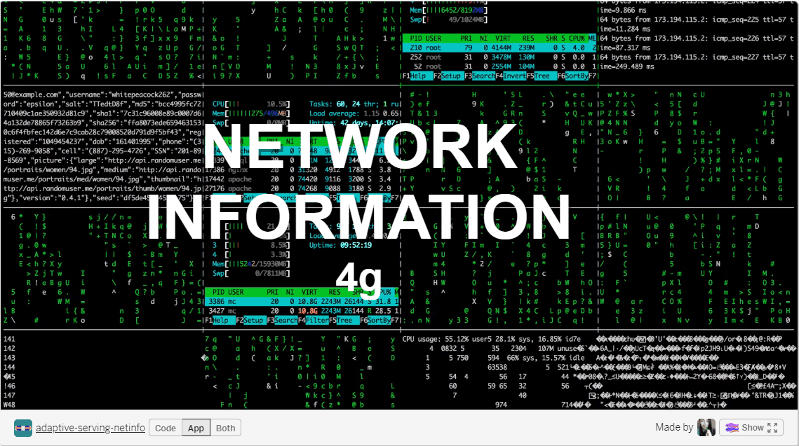 &#39;NETWORK INFORMATION 4g&#39; 텍스트 오버레이가 있는 행렬 같은 동영상 배경