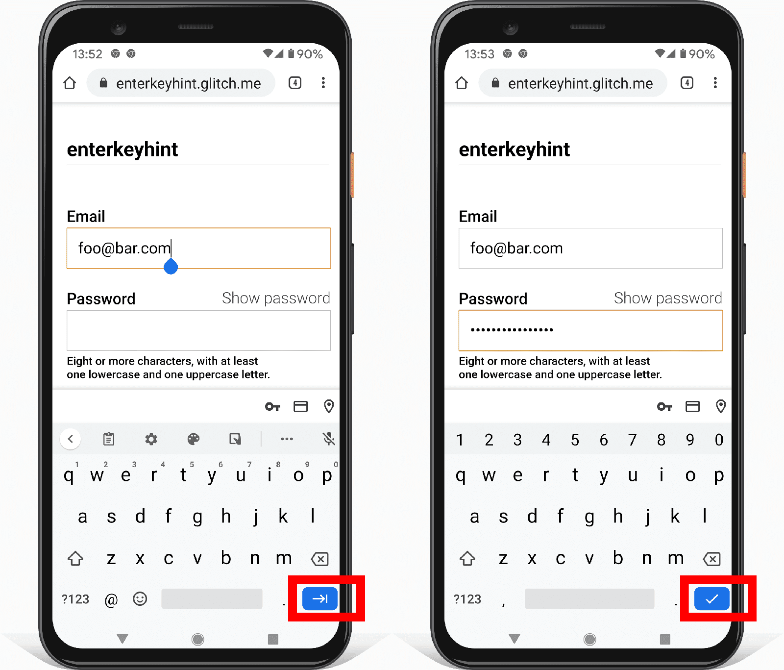 Two screenshots of a form on Android showing how the enterkeyhint input attribute changes the enter key button icon.