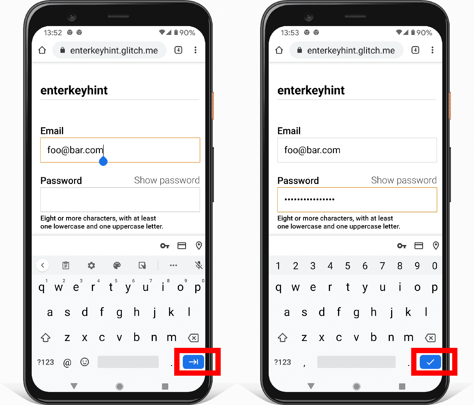 Deux captures d&#39;écran d&#39;un formulaire sur Android montrant comment l&#39;attribut d&#39;entrée &quot;enterkeyhint&quot; modifie l&#39;icône du bouton de la touche Entrée.