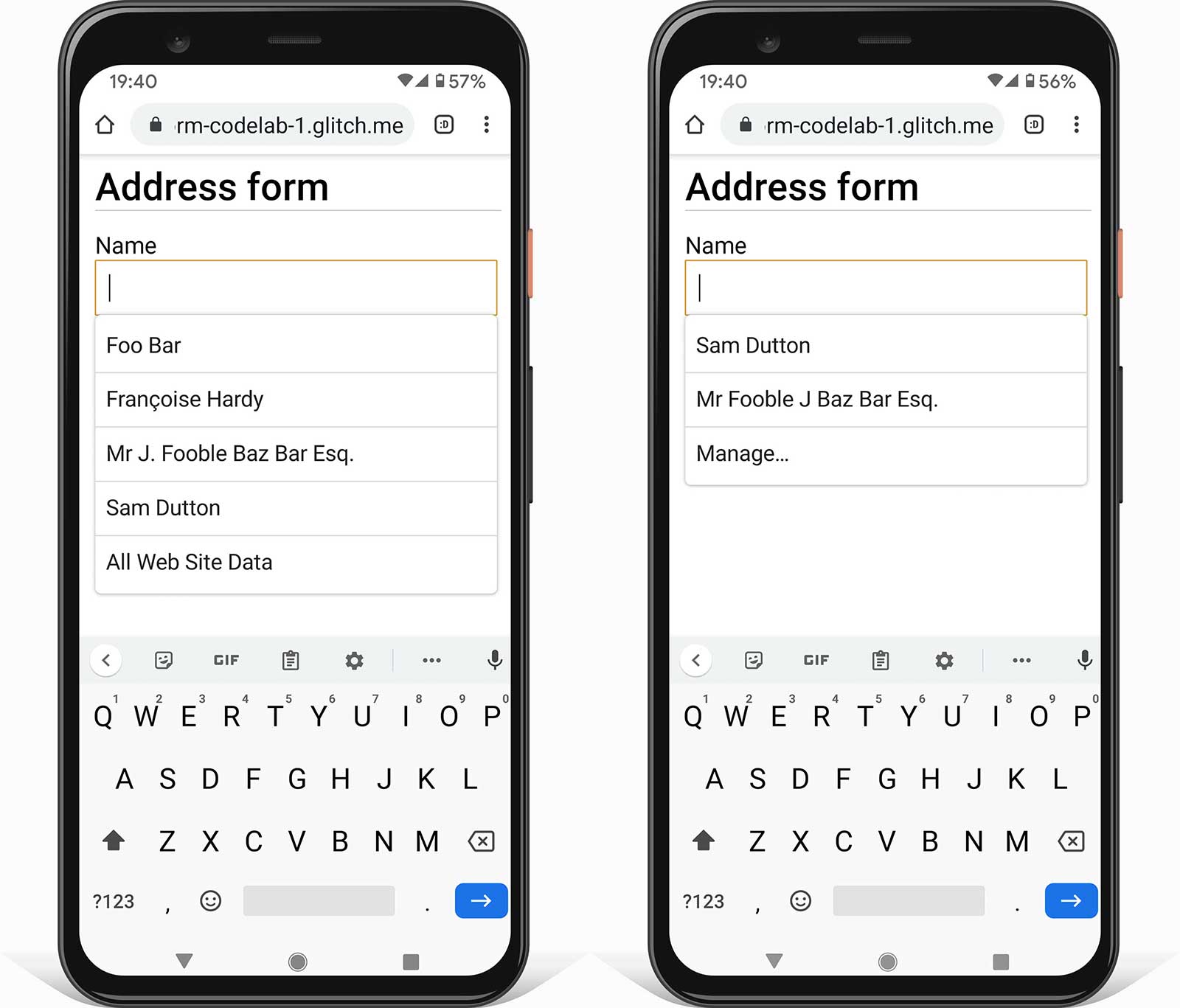 Two screenshots of Chrome on an Android phone showing a form with a single input, with and without an autocomplete value. One shows browser UI heuristicically suggestions values; the other shows UI when there are stored autocomplete values.