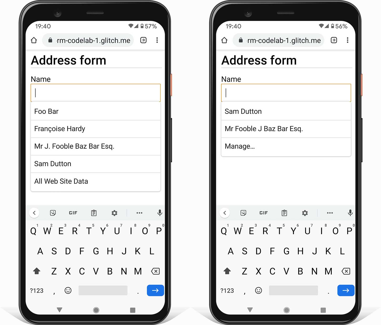 Android 휴대전화에서 Chrome의 두 스크린샷이 표시되어 있습니다. 하나는 자동 완성 값이 있는 단일 입력이 있는 양식이고 다른 하나는 자동 완성 값이 없는 단일 입력이 있는 양식입니다. 하나는 브라우저 UI에서 휴리스틱하게 값을 제안하고 다른 하나는 저장된 자동 완성 값이 있을 때 UI를 표시합니다.