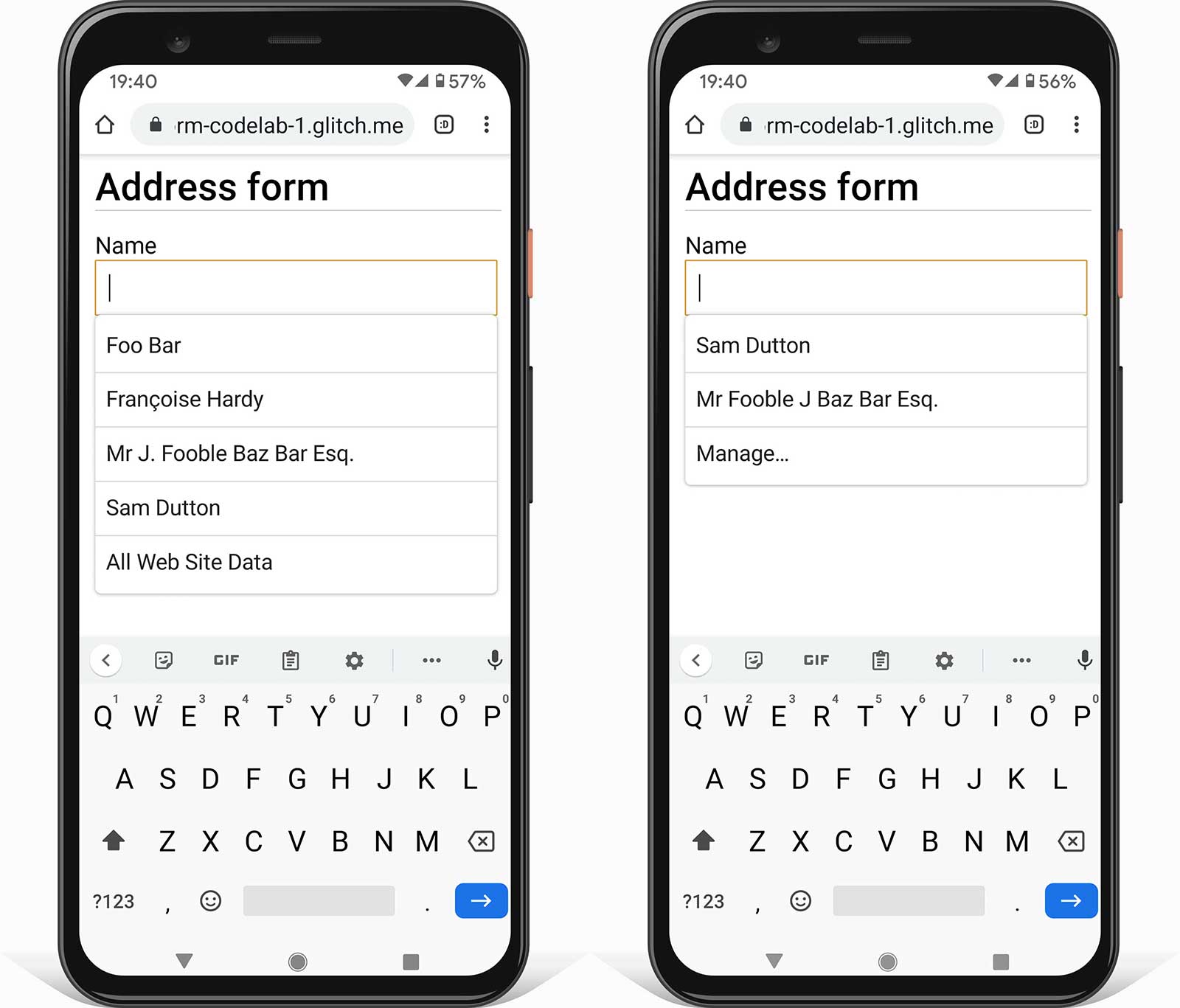 لقطتا شاشة في متصفّح Chrome على هاتف Android تعرضان نموذجًا بإدخال واحد، مع قيمة إكمال تلقائي أو بدونها أحدهما يعرض قيمًا مقترَحة لواجهة مستخدم المتصفّح. والأخرى تعرض واجهة المستخدم عندما تكون هناك قيم مخزنة للإكمال التلقائي.