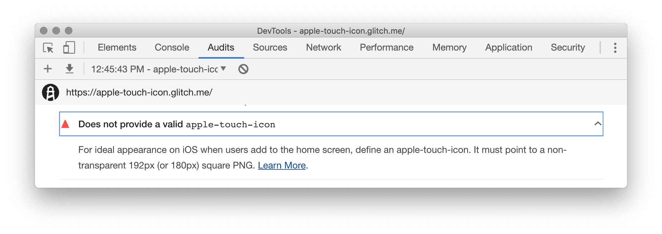 لا يتم تقديم رمز apple- touch-icon صالح