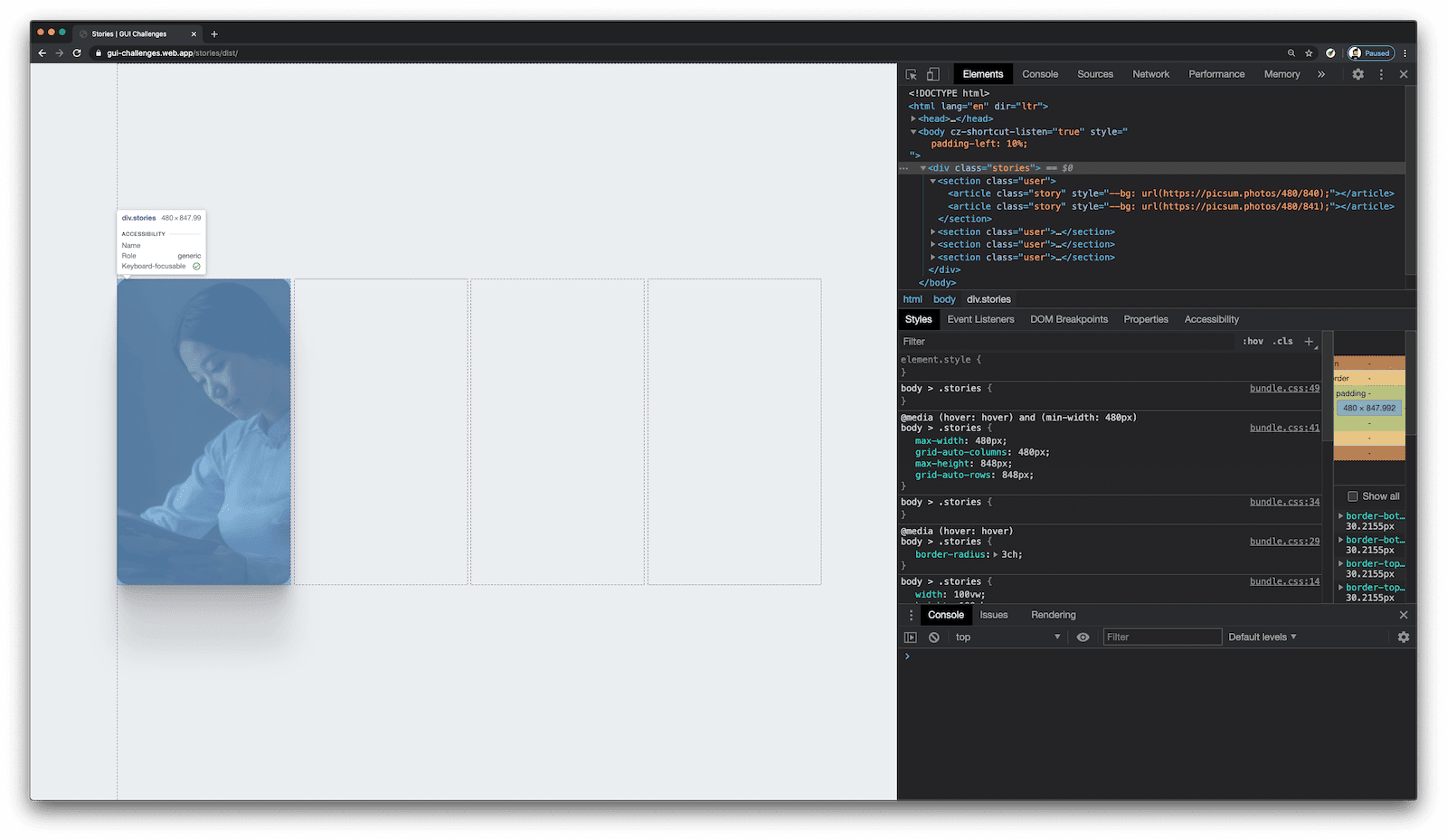 Chrome und die Entwicklertools werden mit einem Rastervisualisierung geöffnet, das das Layout in voller Breite zeigt