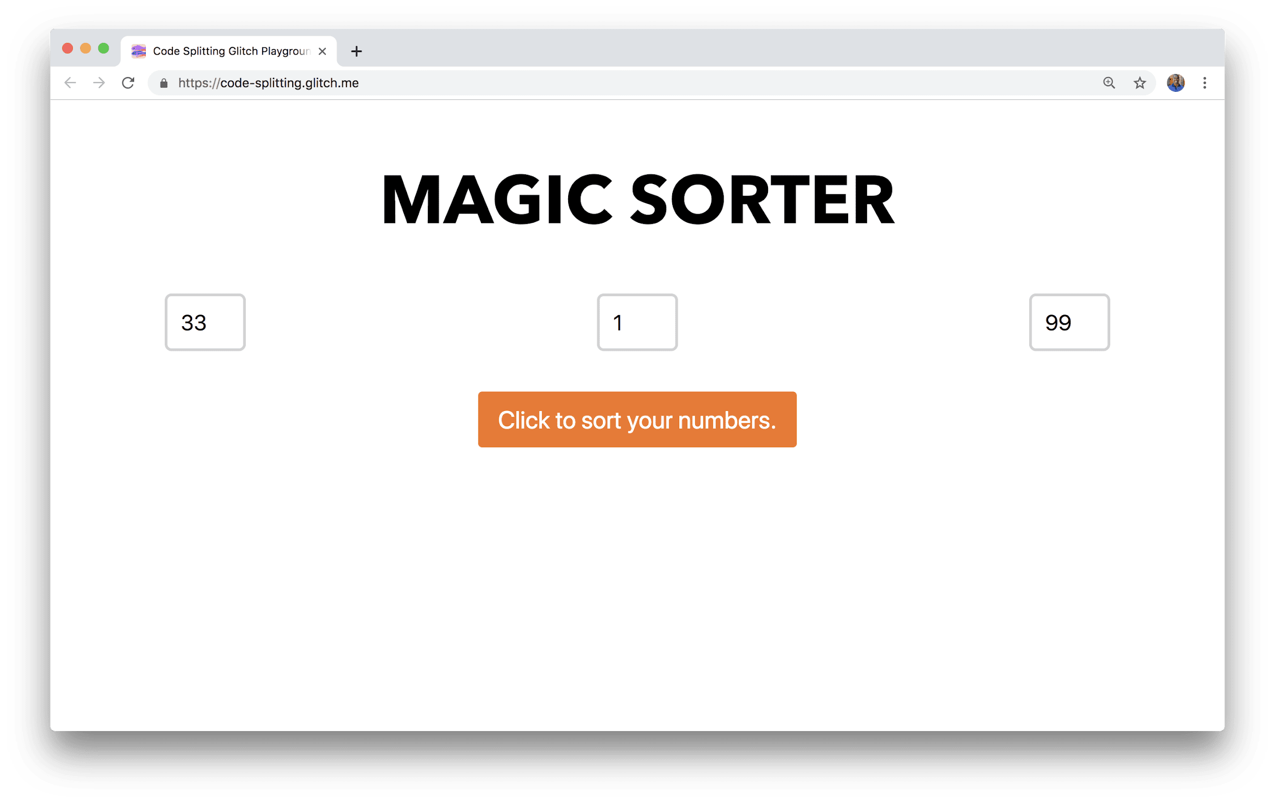 In einem Browserfenster wird eine Anwendung mit dem Namen „Magischer Sortierer“ mit drei Feldern zum Eingeben von Zahlen und einer Sortierschaltfläche angezeigt.