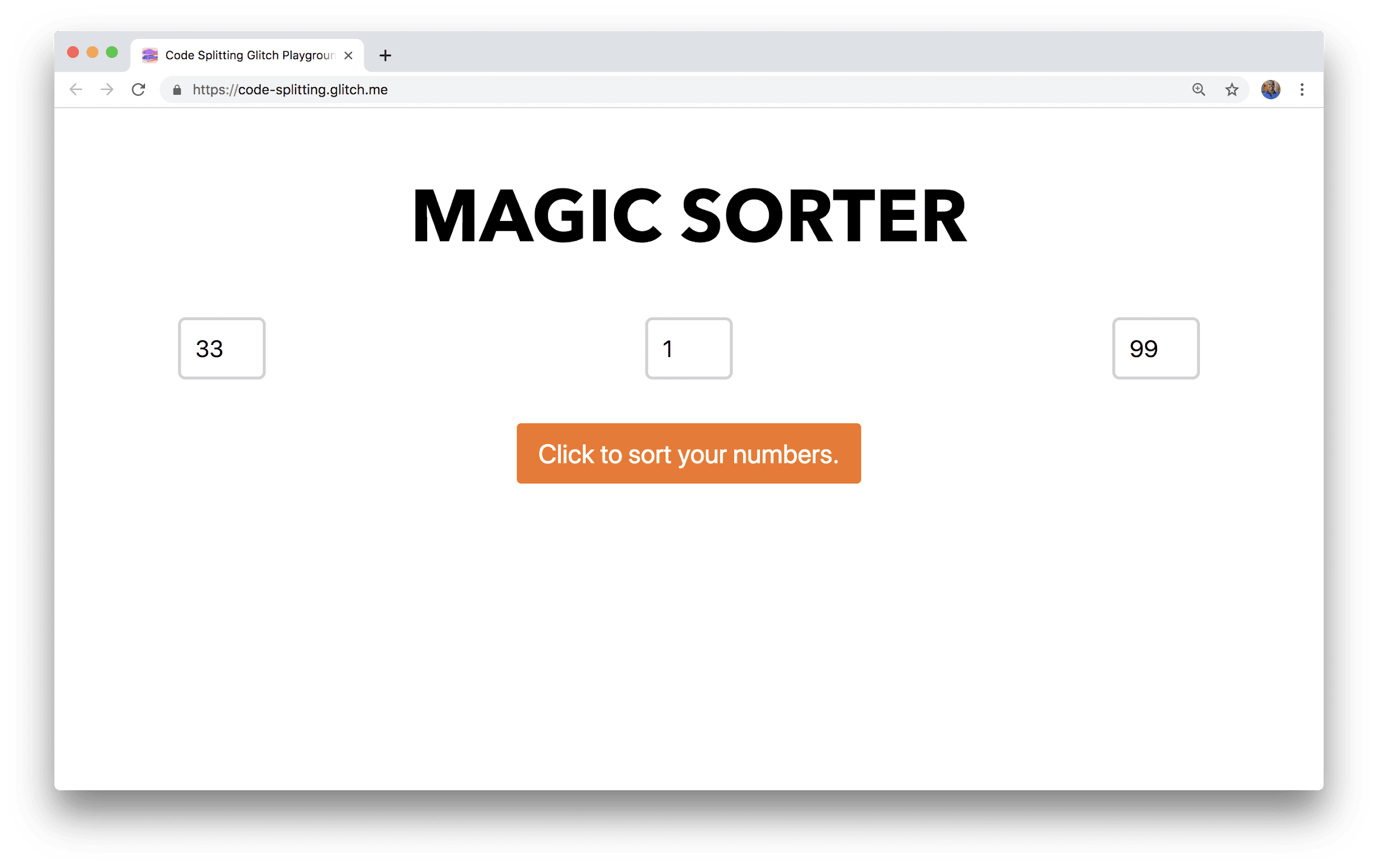 Uma janela do navegador mostra um aplicativo chamado Magic Sorter com três campos para inserir números e um botão de classificação.